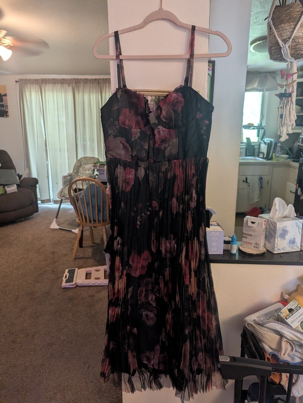 Dark Blue Floral Pleated Dress with Red Rose Print